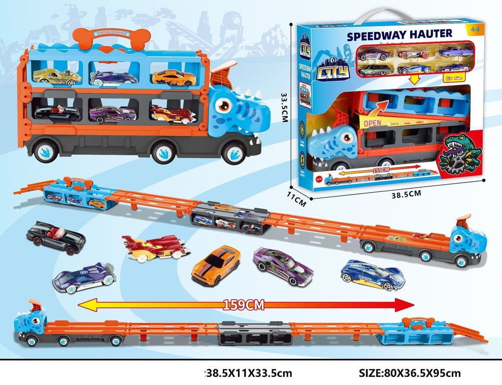 DinoRace Explorer – Leksakstruck med Utdragbar Racerbana och Mini-bilar för Barn 3+