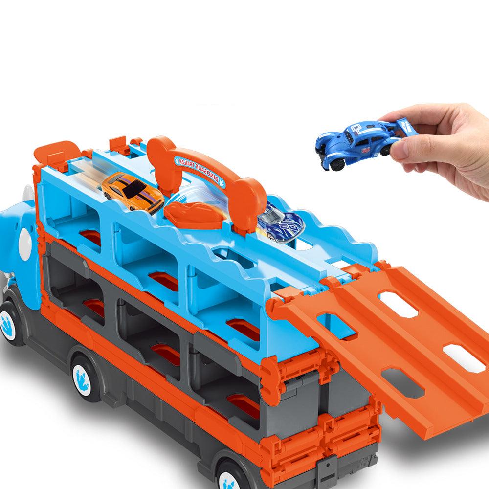 DinoRace Explorer – Leksakstruck med Utdragbar Racerbana och Mini-bilar för Barn 3+