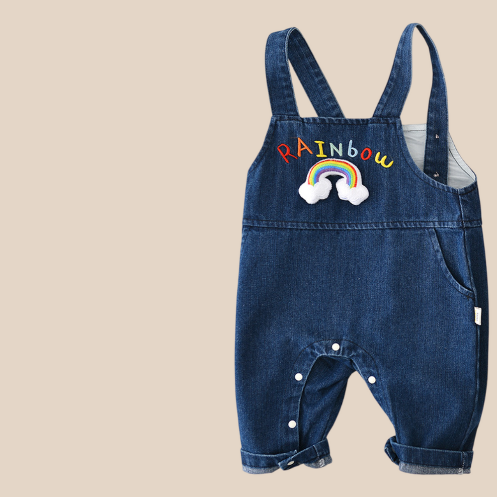 Hängselbyxa med Regnbåge – HappyHues Flickor, Blå, Bomull, Denim, Storlek 0–3 år