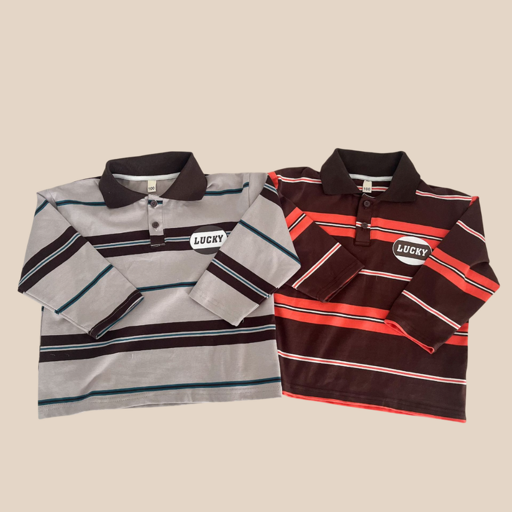 Pikétröja med ränder – LuckyStripe Unisex, Brun/Grå, Bomull, Storlek 0–8 år