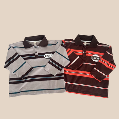 Pikétröja med ränder – LuckyStripe Unisex, Brun/Grå, Bomull, Storlek 0–8 år