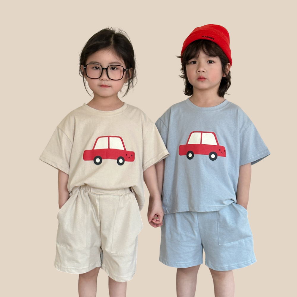 T-shirt och Shorts Sommarset – VroomVibes Unisex, Blå/Beige, Bomull, Storlek 0–8 år
