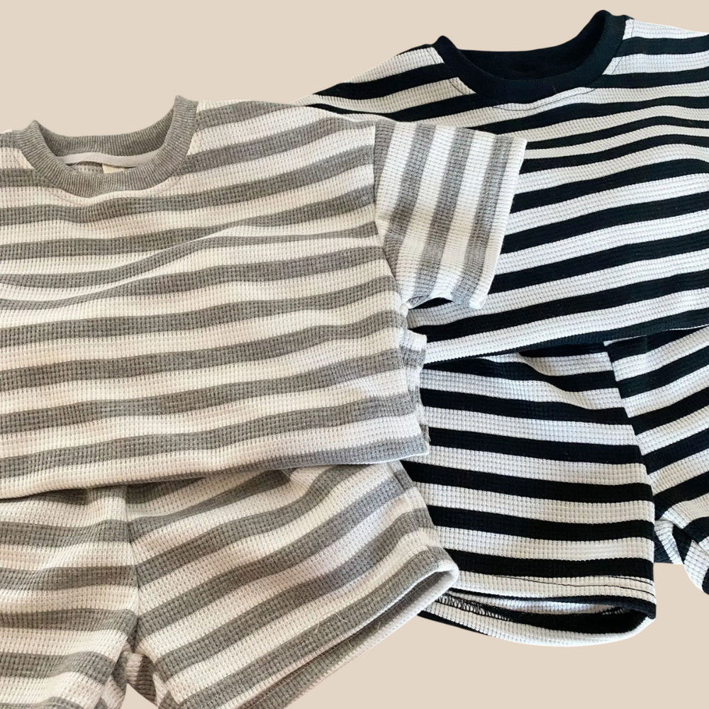T-shirt och Shorts Sommarset – StripePlay Unisex, Svart/Grå, Bomull, Storlek 0–8 år