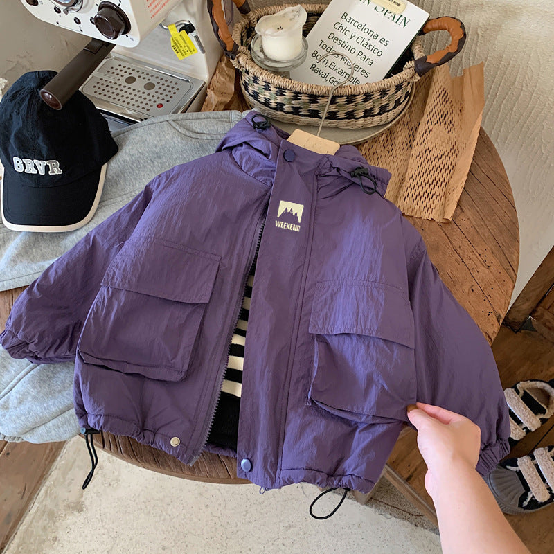 Vindjacka med huva – Lilo Unisex, Svart/Lila, Polyester, Storlek 0–6 år