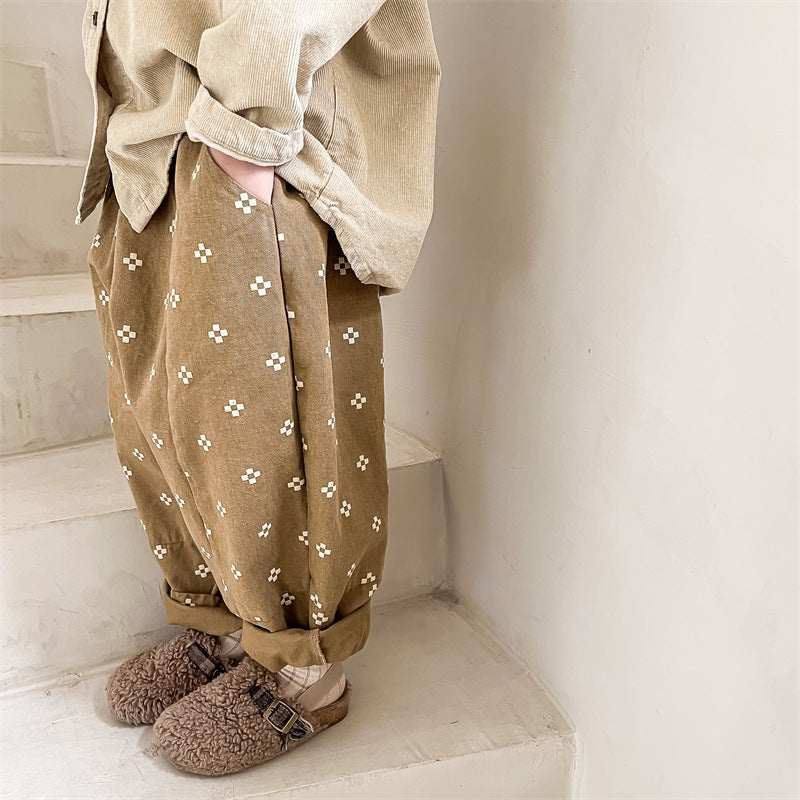 Baggybyxa med Tryck – Mila Bloomers Unisex, Brun/Beige, Bomull, Linne, Storlek 0–6 år