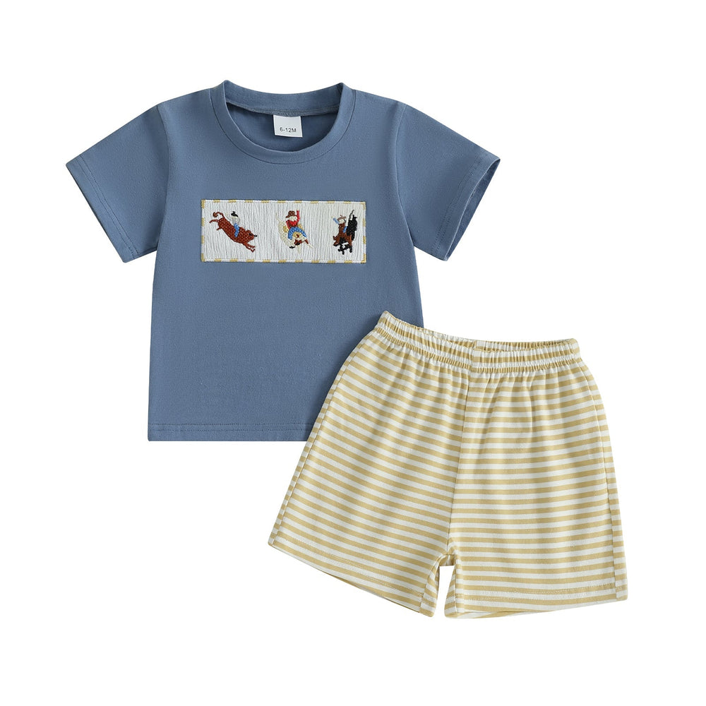 JungleJump Sommarsätt för Pojkar | T-shirt med Apor & Randiga Shorts | Bomull & Polyester | 6 mån–4 år | Blå & Gul