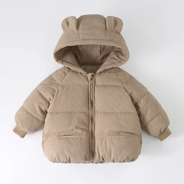 Vinterjacka med Björnöron och Ribbad Struktur – Lusa Flicka, Brun/Vit/Rosa/Beige, Polyester, Storlek 0–8 år