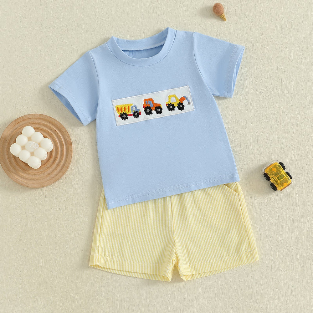 MiniMachines Sommerset för Pojkar | T-shirt med Byggfordon & Randiga Gula Shorts | Bomull & Polyester | 0–4 År | Bekväm Sommaroutfit