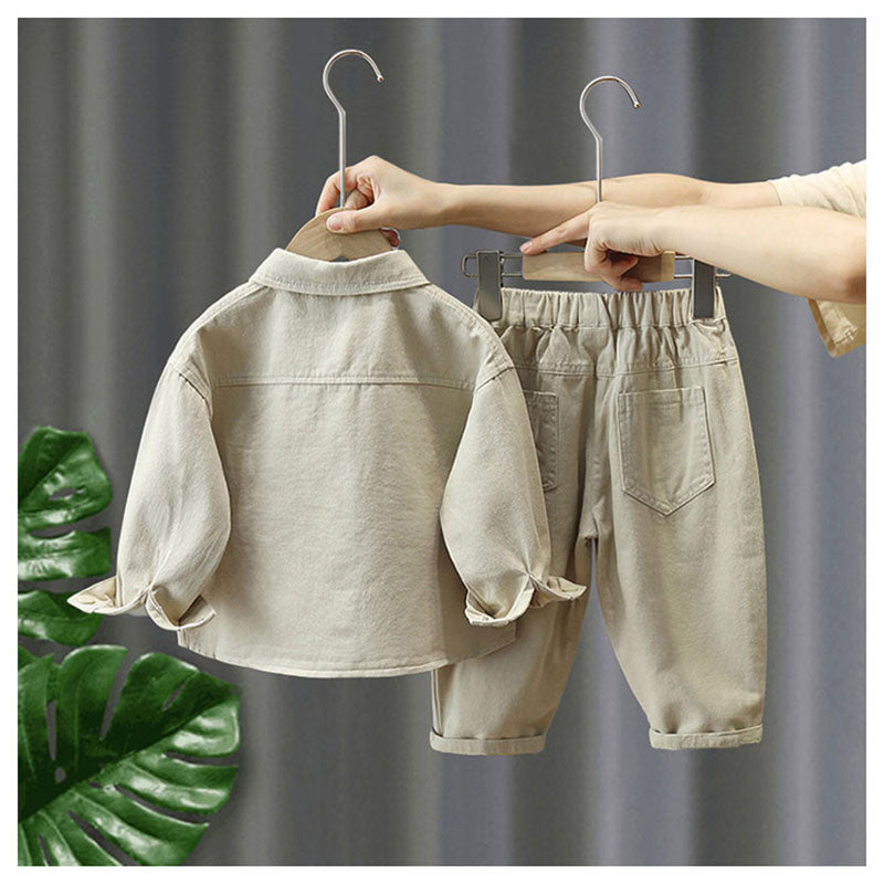 Set med Byxa och Tröja – Little Explorer Unisex, Beige/Grön, Bomull, Storlek 0–7 år