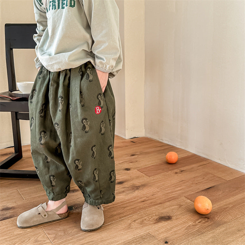 Byxa med Pingvintryck – Woodsy Unisex, Beige/Grön, Bomull, Storlek 0–6 År