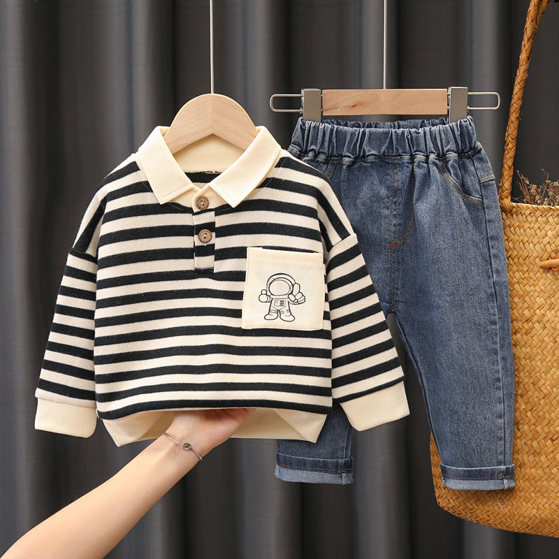 Set med Randig Tröja och Jeans – Astronaut Little Voyager Pojkar, Röd/Blå/Svart, Bomull, Storlek 0–5 år