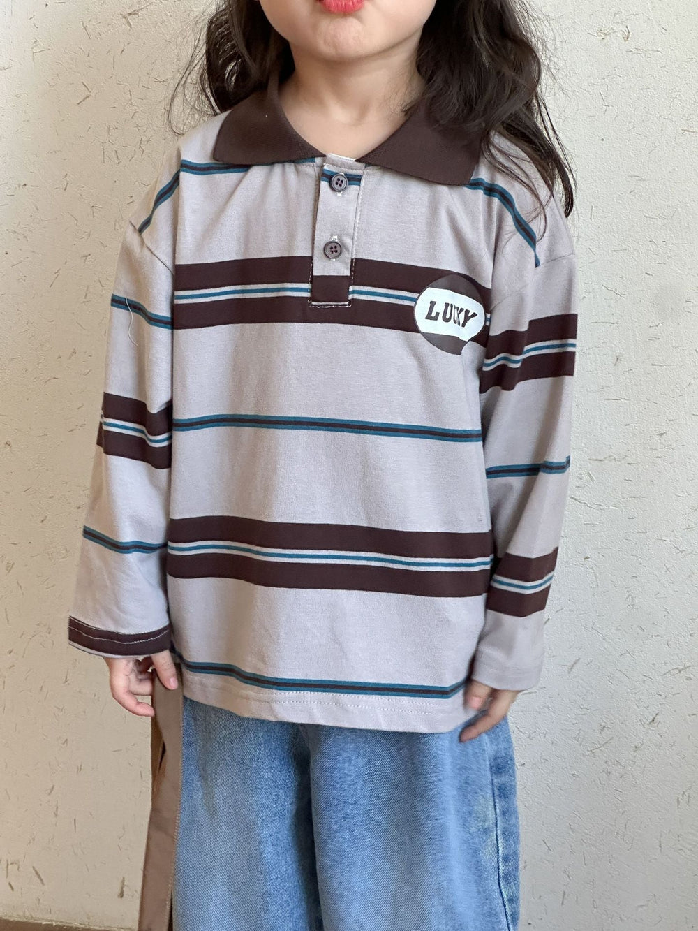 Pikétröja med ränder – LuckyStripe Unisex, Brun/Grå, Bomull, Storlek 0–8 år