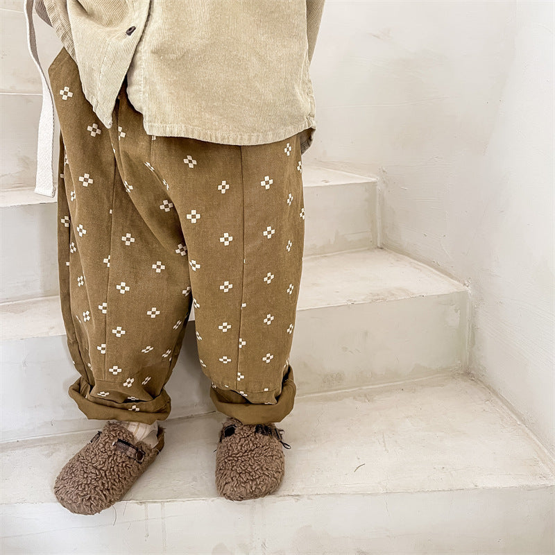 Baggybyxa med Tryck – Mila Bloomers Unisex, Brun/Beige, Bomull, Linne, Storlek 0–6 år