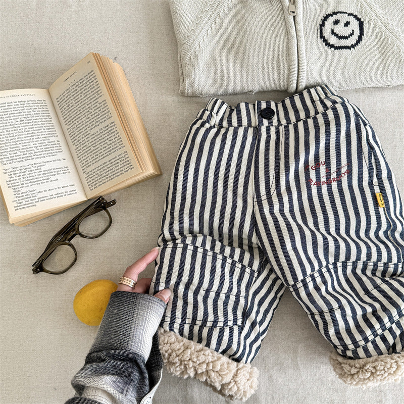 Byxa med Fleecefoder – Little Explorer Unisex, Blå/Grön/Randig, Bomull, Storlek 0–6 år