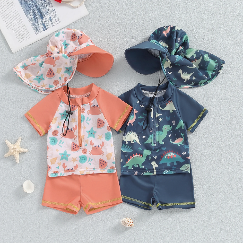 SunnySplash Badset för Barn | T-shirt, Shorts & Solhatt | UV-skydd | Dinosaurie & Krabba | 0–3 år
