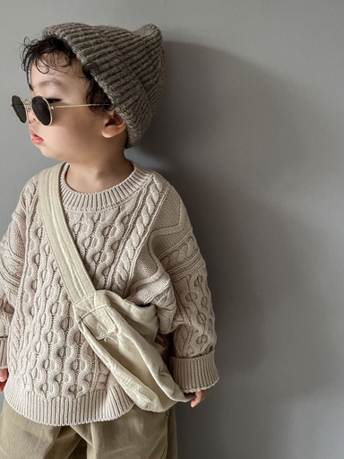 Stickad Tröja med Flätmönster – Pyong Unisex, Brun/Grön/Beige, Bomull, Storlek 0–6 år