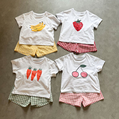 Frubino Frukt & Grönt Set – Sommarklädeset Baby/Småbarn/Barn 0–9 år – T-shirt + Rutiga Shorts – 100 % Bomull – Unisex – Fruktmotiv