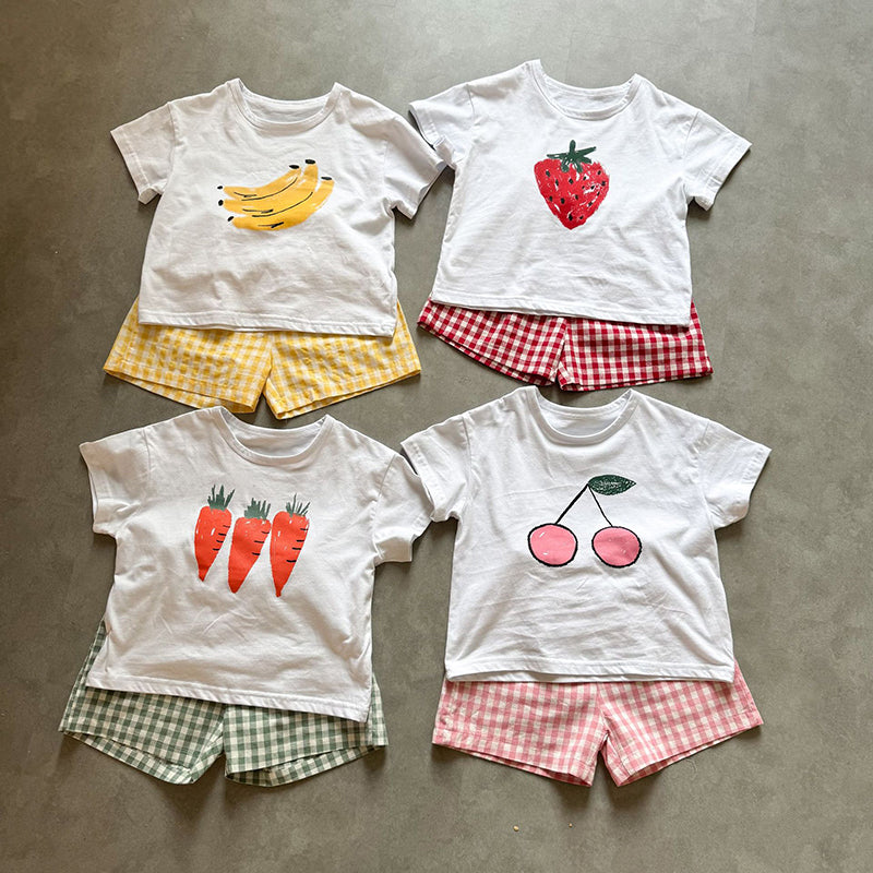 Frubino Frukt & Grönt Set – Sommarklädeset Baby/Småbarn/Barn 0–9 år – T-shirt + Rutiga Shorts – 100 % Bomull – Unisex – Fruktmotiv