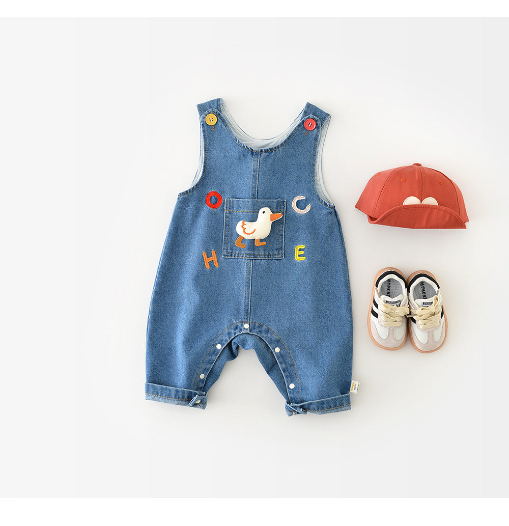 Baby Hängselbyxor i Denim med Anka – Unisex Outfit för Småbarn