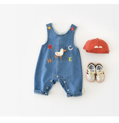 Baby Hängselbyxor i Denim med Anka – Unisex Outfit för Småbarn