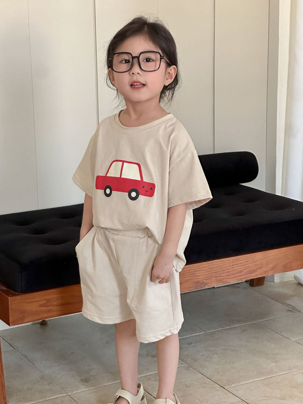 T-shirt och Shorts Sommarset – VroomVibes Unisex, Blå/Beige, Bomull, Storlek 0–8 år