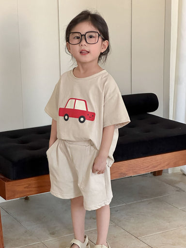 T-shirt och Shorts Sommarset – VroomVibes Unisex, Blå/Beige, Bomull, Storlek 0–8 år