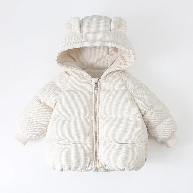 Vinterjacka med Björnöron och Ribbad Struktur – Lusa Flicka, Brun/Vit/Rosa/Beige, Polyester, Storlek 0–8 år