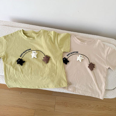 3D T-shirt med björnar som hoppar hopprep – Beary Bounce Unisex, Beige/Grön, Bomull, Storlek 0–8 år