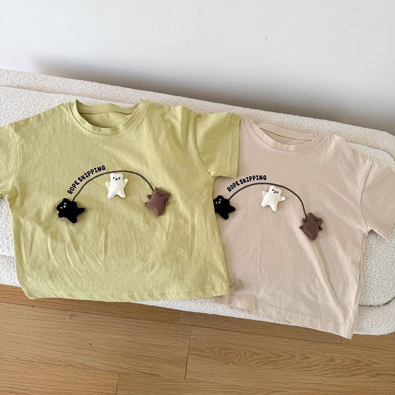 3D T-shirt med björnar som hoppar hopprep – Beary Bounce Unisex, Beige/Grön, Bomull, Storlek 0–8 år