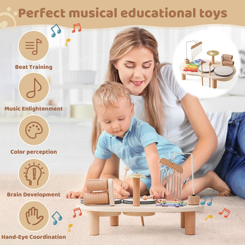 Musikbord i trä för barn – Xylofon, trummor & cymbaler (1+)