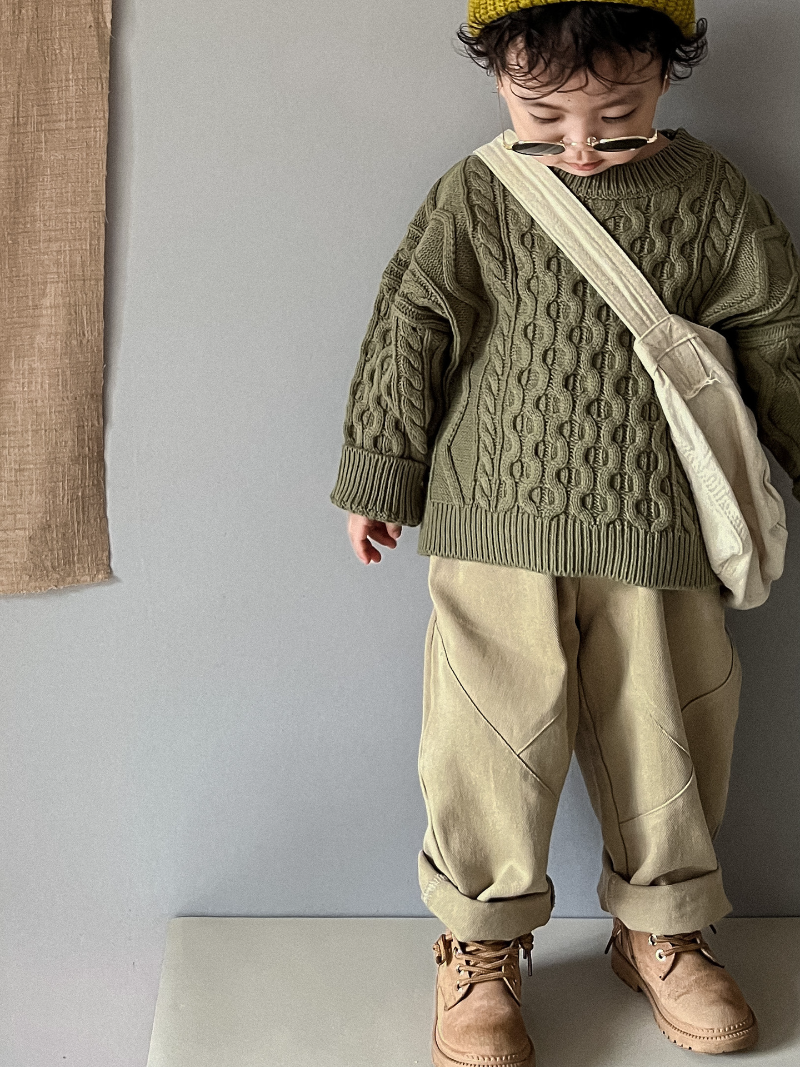 Stickad Tröja med Flätmönster – Pyong Unisex, Brun/Grön/Beige, Bomull, Storlek 0–6 år