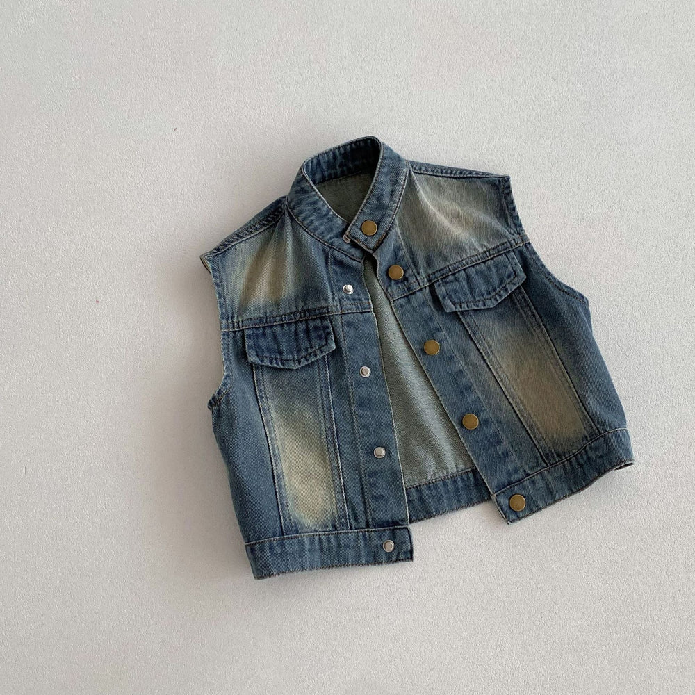 Jeansväst med vintage-tvätt – Denim Rebel Unisex, Blå, Bomull, Denim, Storlek 0–6 år