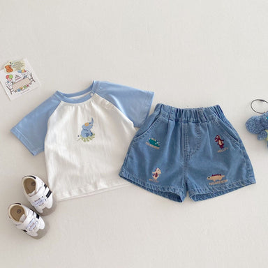 Kort Jeansbyxa med Resår och Dinosaurietryck – Baby, Småbarn, Förskolebarn, Ljusblå, Bomull/Denim, Storlek 0–5 år
