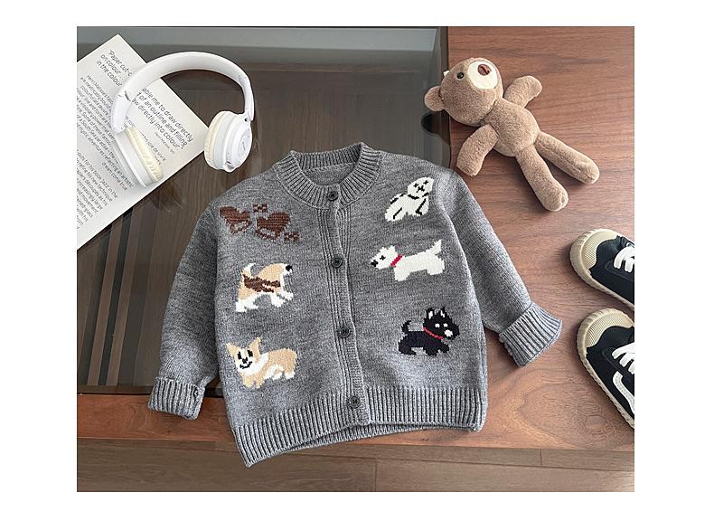 Stickad Kofta med Hundmotiv – Puppy Love Unisex, Grå, Bomull, Storlek 0–4 år