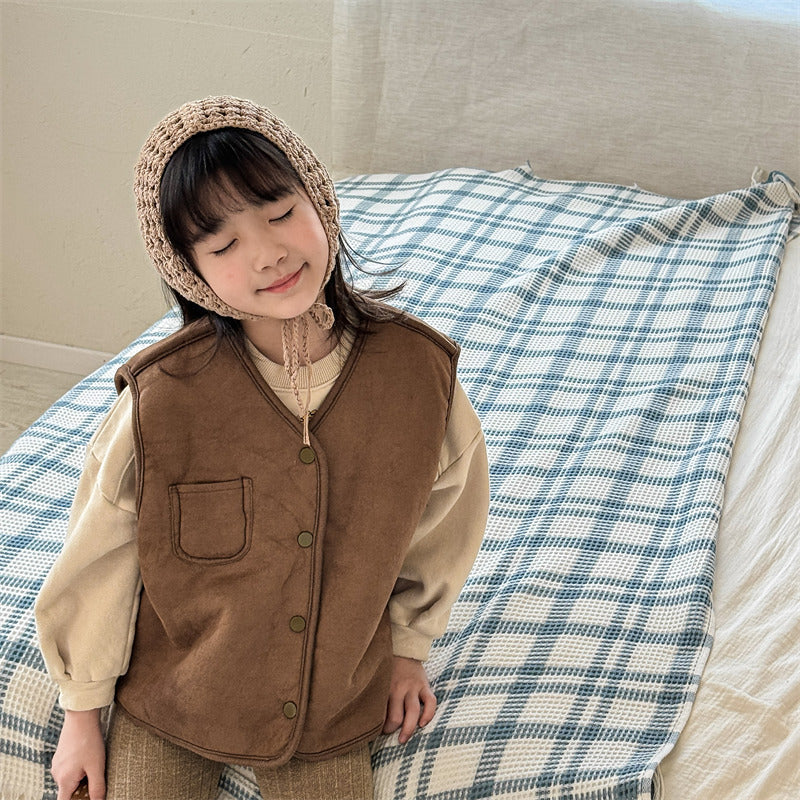 Vändbar Väst – CuddleSwitch Flickor, Brun/Blå, Mocka, Storlek 0–6 år
