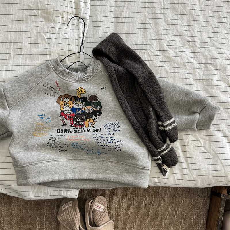 Tröja med tryck – FunCrew Unisex, Blå/Grå/Beige, Bomull, Storlek 0–6 år