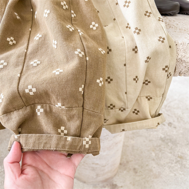 Baggybyxa med Tryck – Mila Bloomers Unisex, Brun/Beige, Bomull, Linne, Storlek 0–6 år