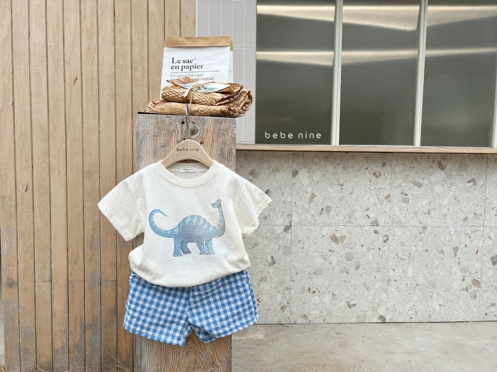 Mavino Dino Daze Set – Sommarset Småbarn 1–7 år – T-shirt + Rutig Shorts – 100 % Bomull – Unisex – Dino-tryck