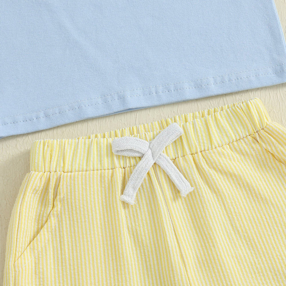 MiniMachines Sommerset för Pojkar | T-shirt med Byggfordon & Randiga Gula Shorts | Bomull & Polyester | 0–4 År | Bekväm Sommaroutfit