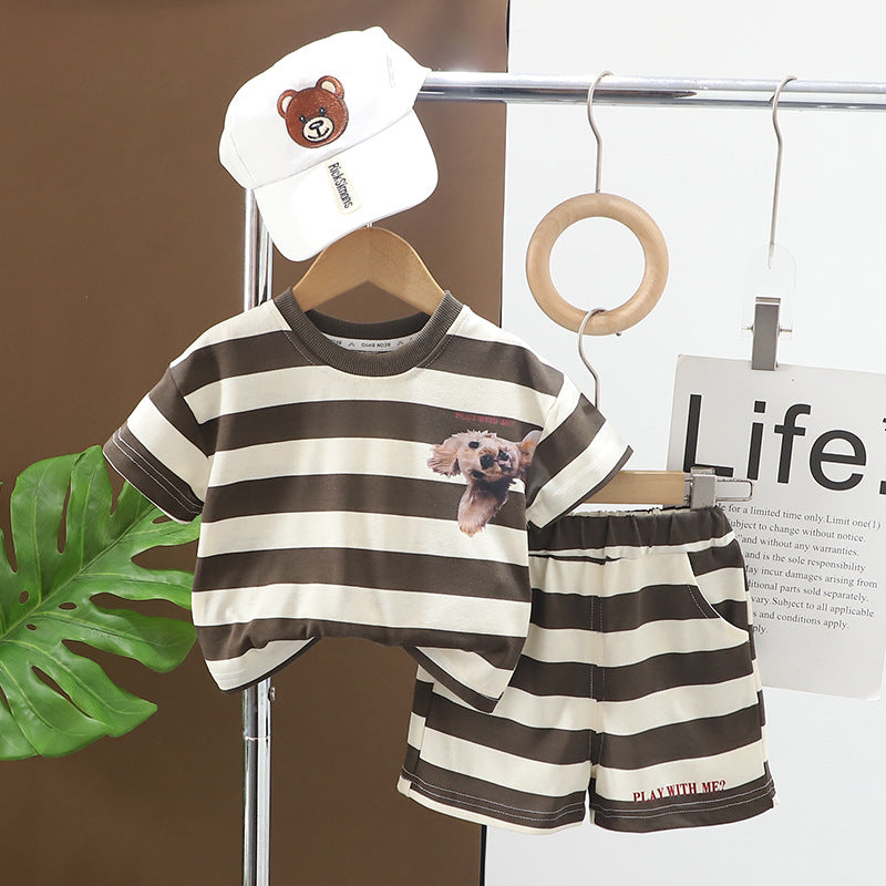 Sommar Randigt Klädset T-shirt + Shorts Jogging – Baby Småbarn Förskolebarn Doggo Days, Brun/Svart, Bomull, Storlek 0–5 år