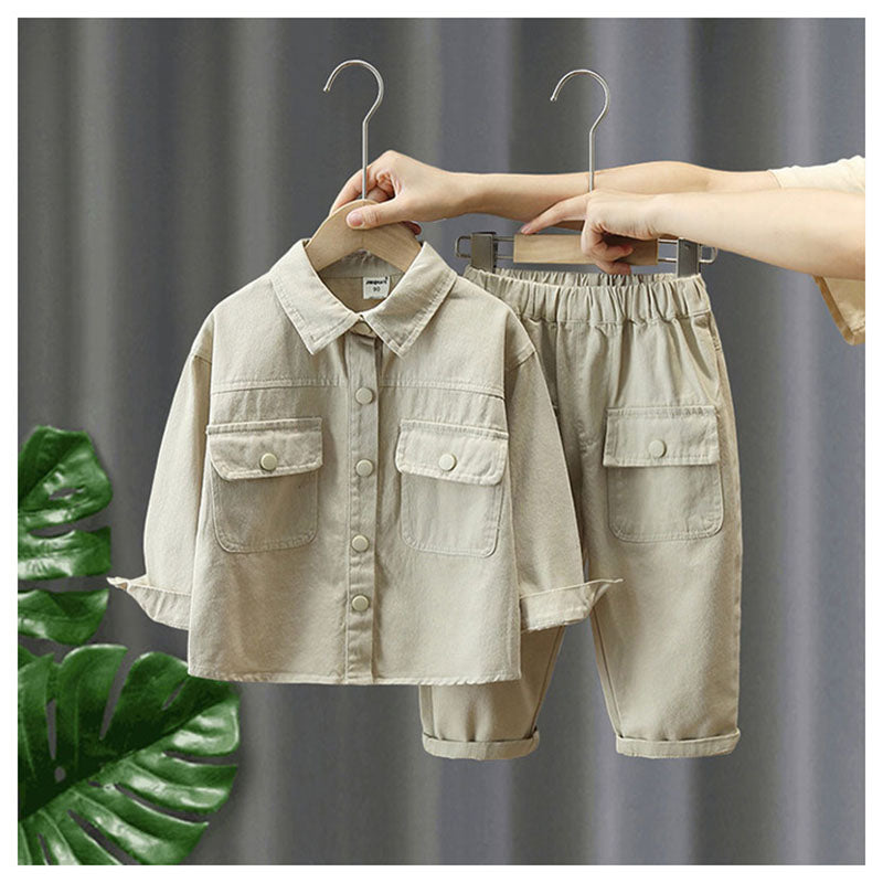 Set med Byxa och Tröja – Little Explorer Unisex, Beige/Grön, Bomull, Storlek 0–7 år