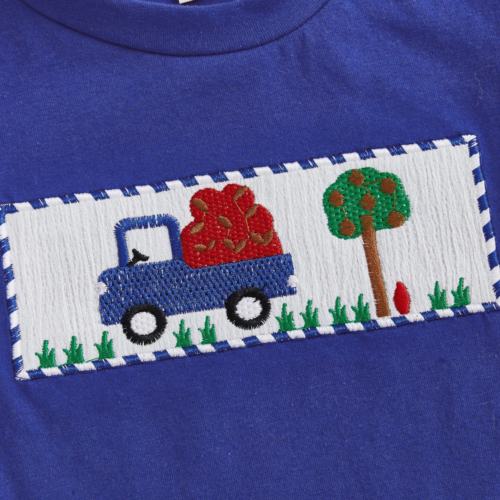 AppleTruck Sommarsätt för Pojkar | T-shirt med Äppeltruck & Randiga Shorts | Bomull & Polyester | 6 mån–4 år | Blå & Röd