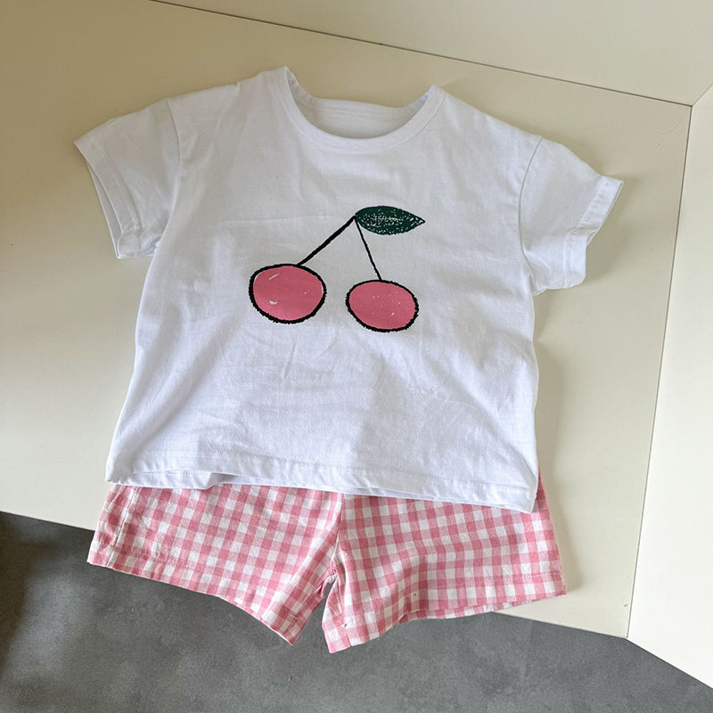 Frubino Frukt & Grönt Set – Sommarklädeset Baby/Småbarn/Barn 0–9 år – T-shirt + Rutiga Shorts – 100 % Bomull – Unisex – Fruktmotiv