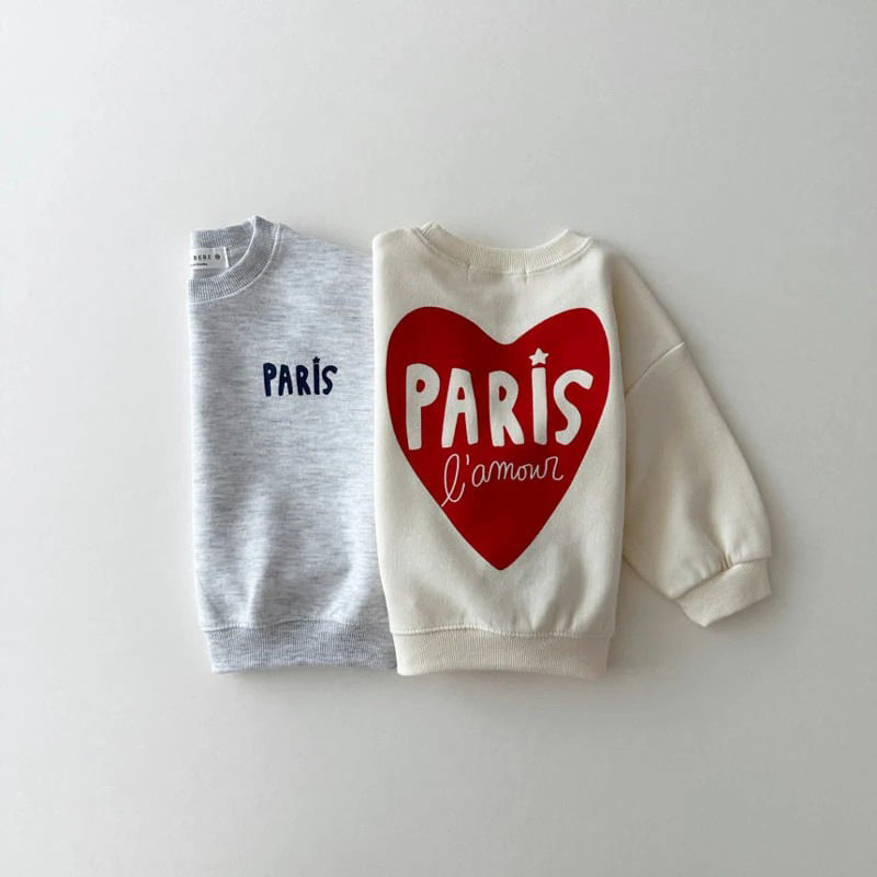 Sweatshirt med Tryck – Paris L’Amour Unisex, Grå/Vit, Bomull, Storlek 0–6 år