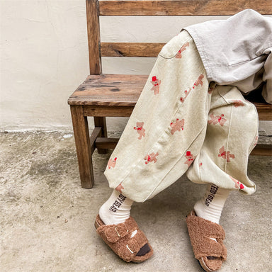 Baggybyxa med Björntryck – Bamboo Bear Unisex, Beige/Grå, Bomull, Storlek 0–6 år
