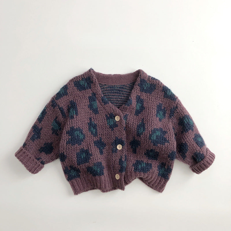 Stickad Kofta med Leopardmönster – Flicka, Beige/Lila, Bomull, Storlek 0–6 år