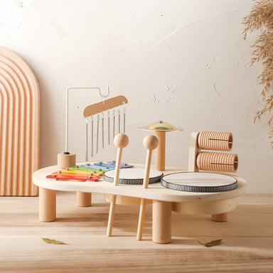 Musikbord i trä för barn – Xylofon, trummor & cymbaler (1+)