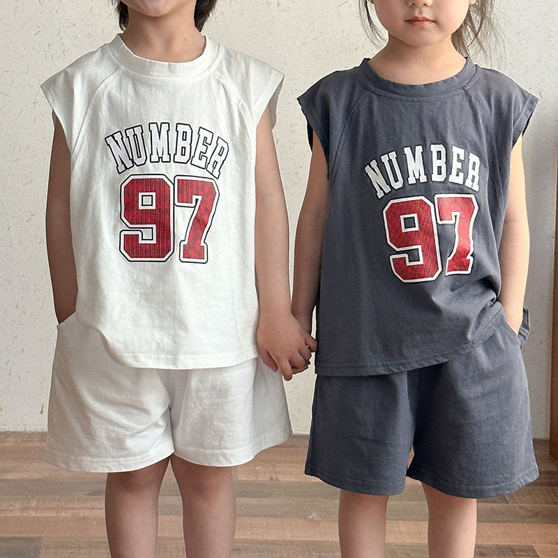 Sommarklädset T-shirt + Shorts – Team97 Unisex, Grå/Vit, Bomull, Storlek 0–8 år