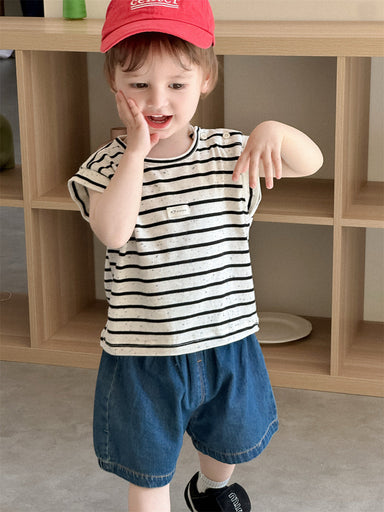 Lunari Breton T-shirt & Denim Shorts Set – Sommarklädset Barn 0–3 år – Ecru/Svart + Blå Shorts – Unisex & Bekväm
