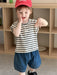 Lunari Breton T-shirt & Denim Shorts Set – Sommarklädset Barn 0–3 år – Ecru/Svart + Blå Shorts – Unisex & Bekväm